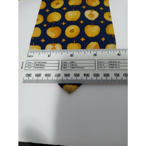 Geoffrey Beene Silk Necktie Dark Blue with Yellow Apples - Picture 4 of 4